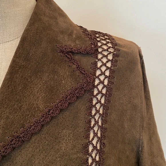 White Stag Womens Vintage Brown Suede Blazer w Macramé Trim Size 4/6 - Picture 4 of 11